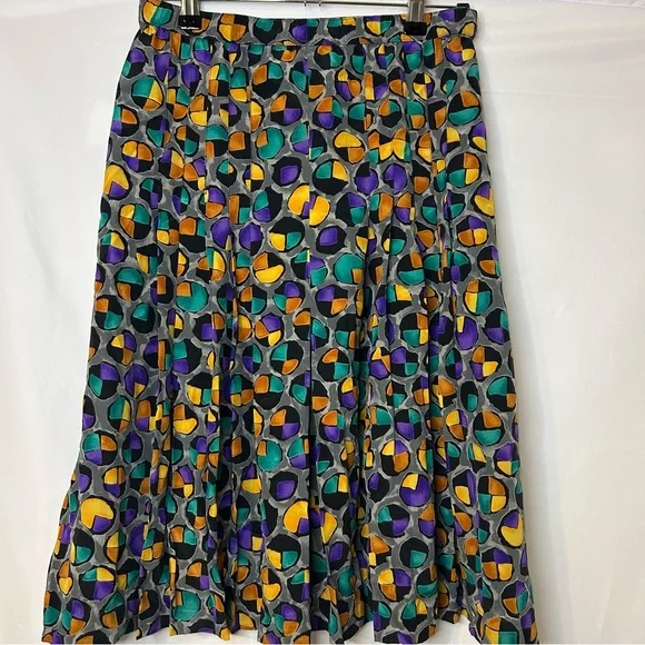 Vintage Adolfo Saks Fifth Avenue Pleated Silk Skirt Grey Gold Teal Dots Small - Picture 1 of 10